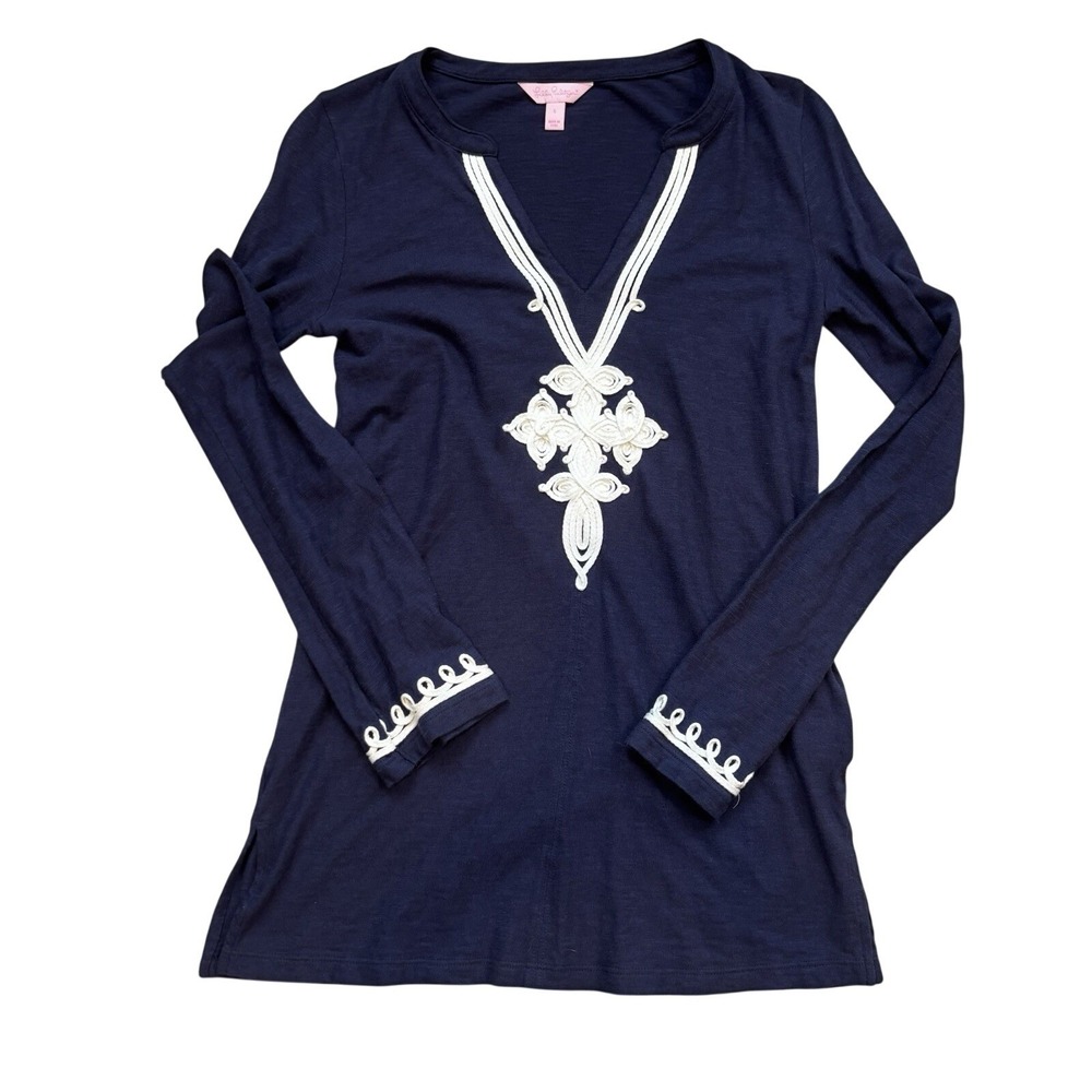 Lilly Pulitzer Women's Size S Navy Top Embroidery Fisherman Coastal Resort
